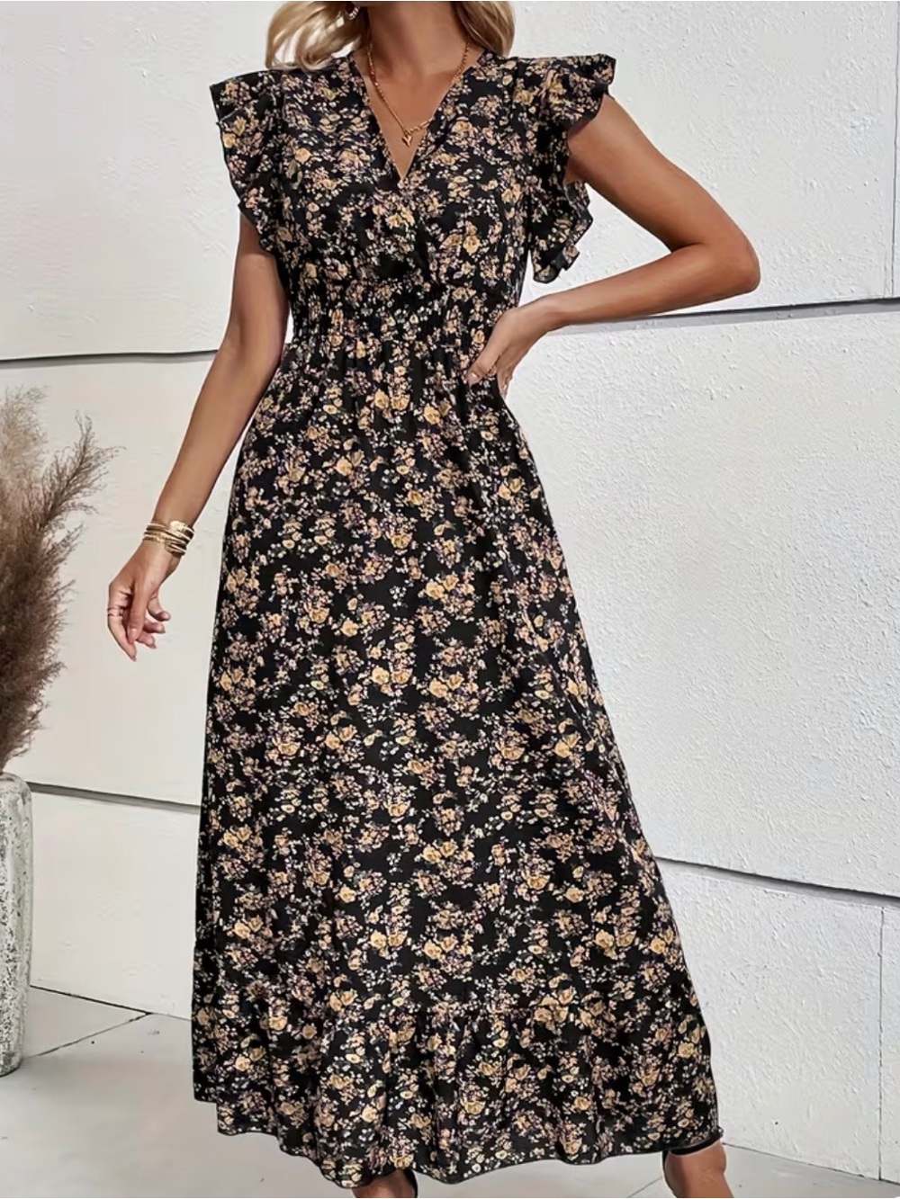 Navy Floral Maxi Dress with Flutter Sleeves